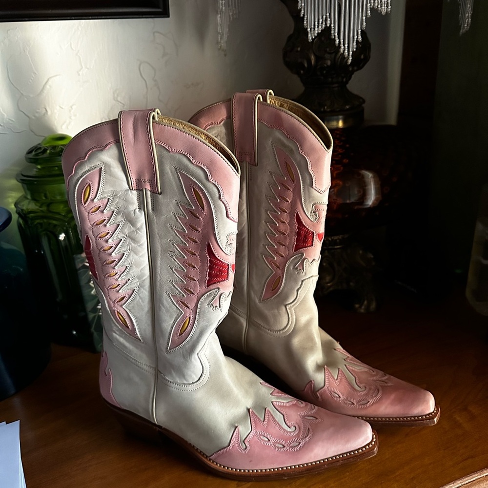Sancho Pink, red, and white leather cowboy boots